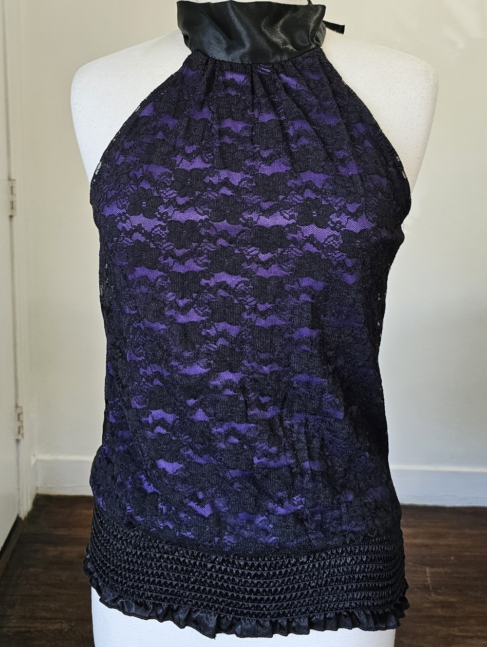 Y2K Black and Purple Lace Halter Top